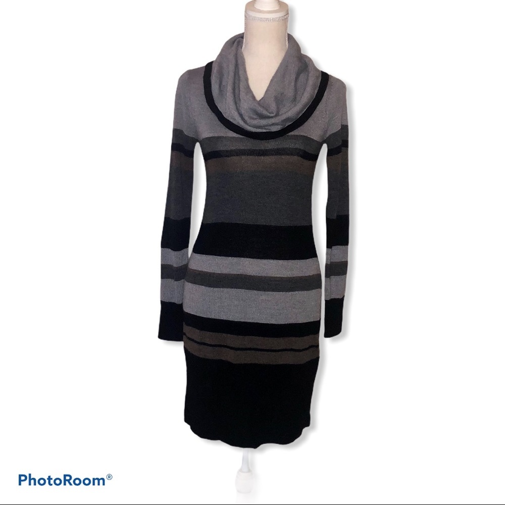LOFT Gray and Black Striped Long Sleeve Dress